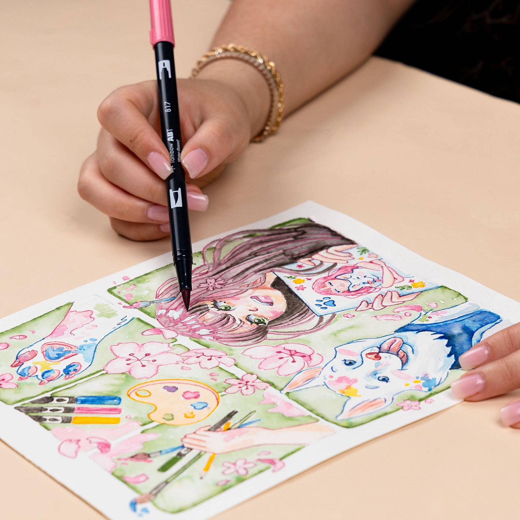 Dual Brush Pen Art Markers, Manga Illustration, Flower 6-Pk