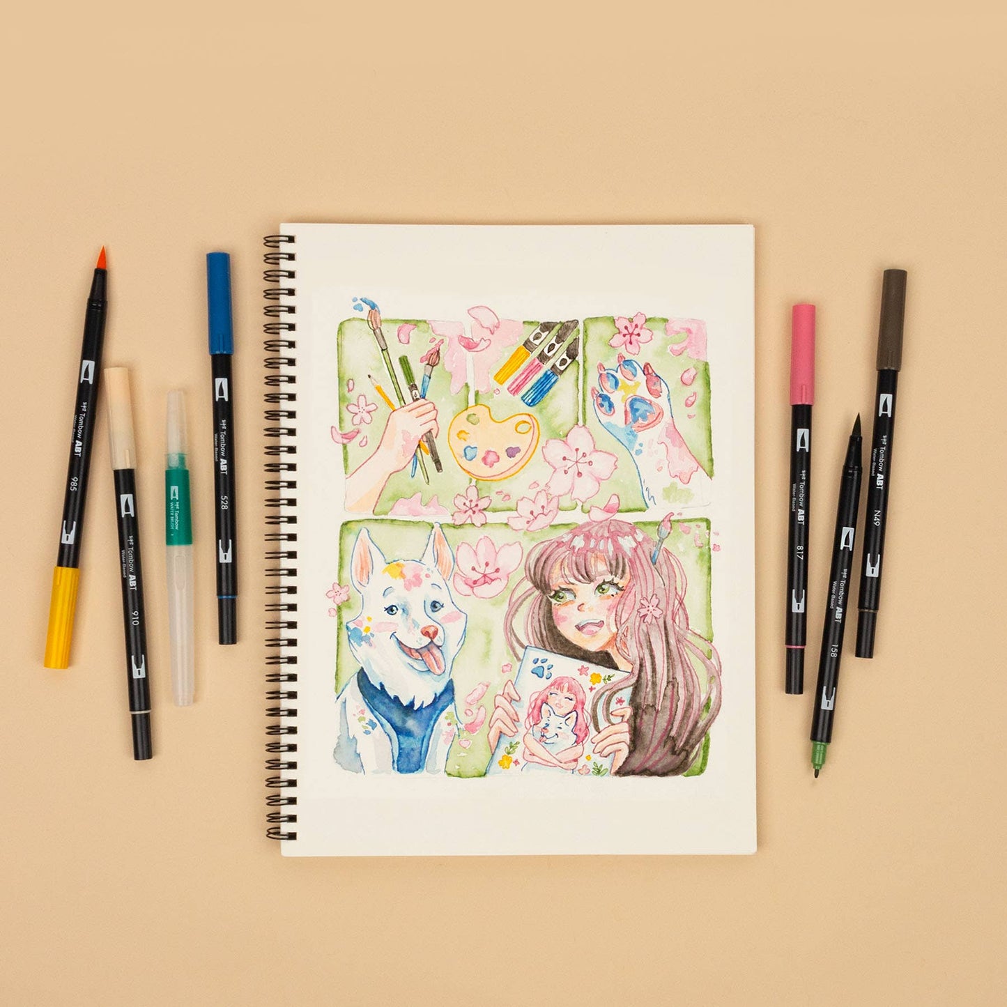 Dual Brush Pen Art Markers, Manga Illustration, Flower 6-Pk