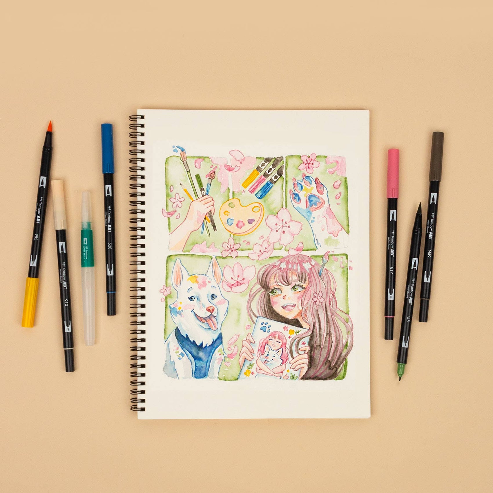 Dual Brush Pen Art Markers, Manga Illustration, Flower 6-Pk