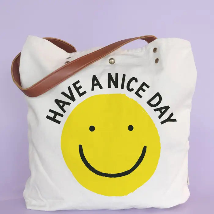Idlewild Co. Smiley Canvas Tote Bag with Vegan Leather Handles